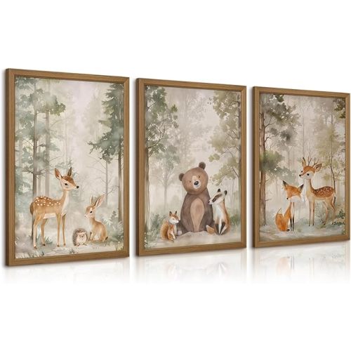 Woodland Nursery Wall Art Decor Animal Forest Canvas Prints Baby Boy Room Wall Decor Bear Nursery Nature Pictures Deer Prints Artwork for Boy Girl Kids Bedroom 12x16 Inch Wood Framed Set of 3
