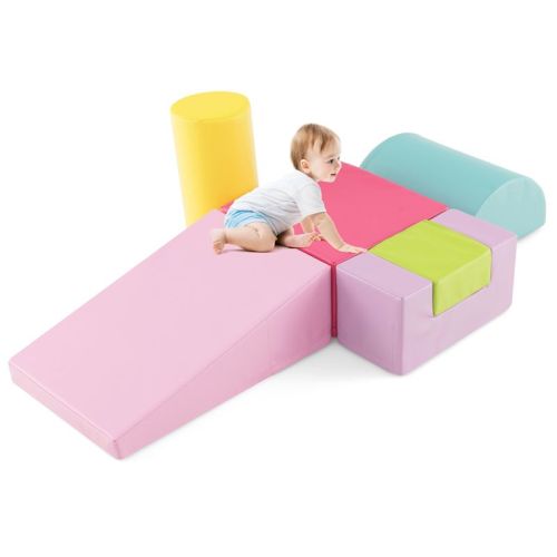 Costway 6 PCS Kids Climber Play Set Indoor Foam Climb and Crawl Activity Blocks w/ Cover Pink