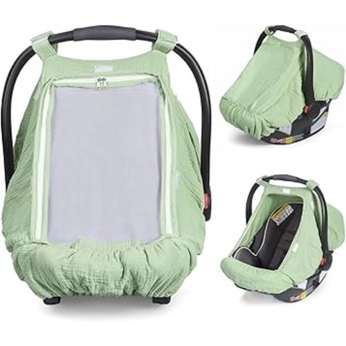 Orzbow Cotton Baby Car Seat Cover, Breathable Car Seat Canopy for Girls Boys with Mesh Window, Lightweight Baby Carrier Cover for Wind, Dust, Sun and Insects Protection, Universal Fit, Green