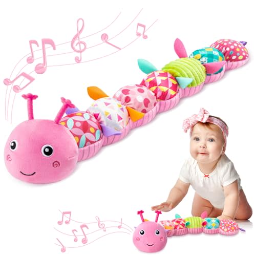 AWOTOY Baby Toys 0-6-12 Months,Infant Musical Stuffed Animals Activity Toys with Muti-Sensory Crinkle,Rattles,Baby Girl Toys Gifts for Newborn Tummy Time,Caterpillar,Pink