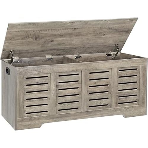 DINZI LVJ Storage Chest, 47.3” Wooden Toy Box with 2 Safety Hinges, Retro Entryway Shoe Storage Bench with Flip-Top, Sturdy Large Storage Trunk for Living Room, Bedroom, Easy Assembly, Gray Wash