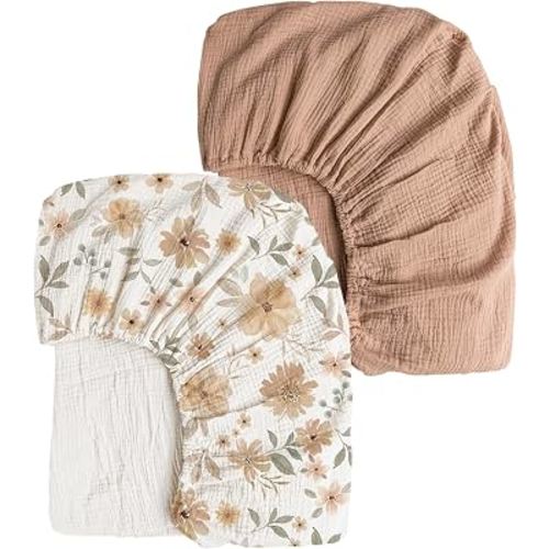 Konssy 2 Pack Muslin Crib Sheets for Standard Crib Mattress, 52" x 28" | 100% Cotton, Soft & Breathable, 360° Elastic Snug Fit, Solid & Printed Designs for Baby Girls & Boys (Toffee,Flourish)