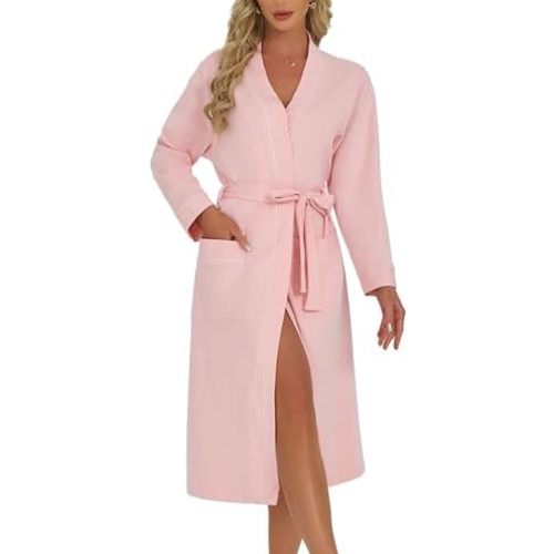 U2SKIIN Womens Organic Cotton Robe, Lightweight Long Kimono Bathrobe for Women, Soft Spa Lounge Sleepwear with Pockets