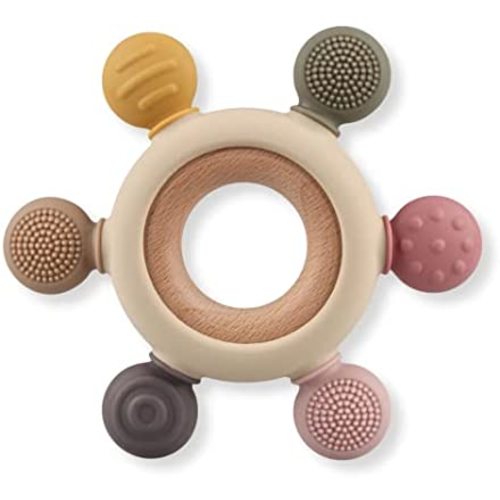 Baby Teething Toys, Silicone Chewable Rings with Organic Wooden, Natural Wooden Ring & Silicone Teething Toys for Newborn, 3+ Months (6 Directions, Khaki)
