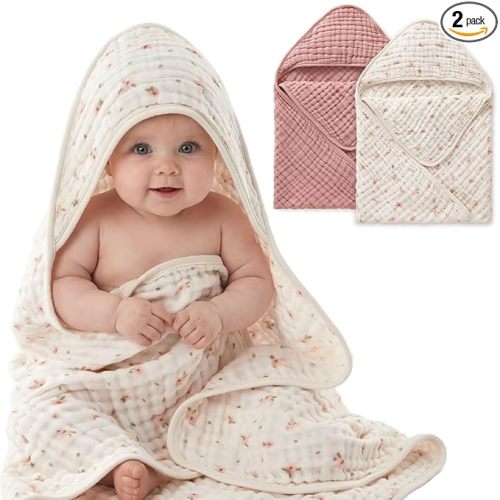 Blissful Diary Muslin Baby Hooded Towel 2 Pack, Soft & Absorbent Bath Towel for Baby Girls, Infant Gift, Newborn Essentials, Pink Floral & Light Pink