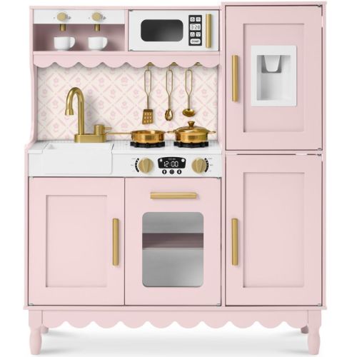 Best Choice Products Wooden Cottage Kids Pretend Play Kitchen with 11 Accessories, Espresso Machine - Pink