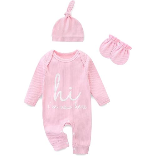 Newborn Girls and Boys Romper, Hi I’m New Here Long Sleeve Cotton Baby Clothes, Newborn Coming Home Outfit