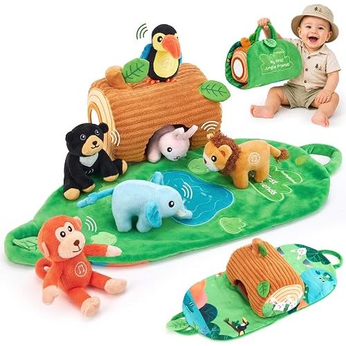 hahaland Baby Toys 6-12 Months, Jungle Plush Animal Set with Sounds & Words