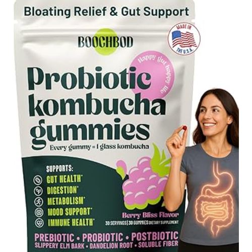 Probiotic Kombucha Gummy - Prebiotics, Probiotics, Postbiotics, Fiber Supplement, Slippery Elm, Dandelion Root, MCT Oil, for Bloating, Gut Health - Probiotics for Women and Men