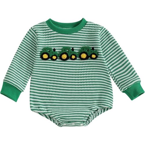 Newborn Baby Boy Girl Summer Outfit Striped Bubble Romper Waffle Farm Tractor Short Sleeve Bodysuit Country Clothes