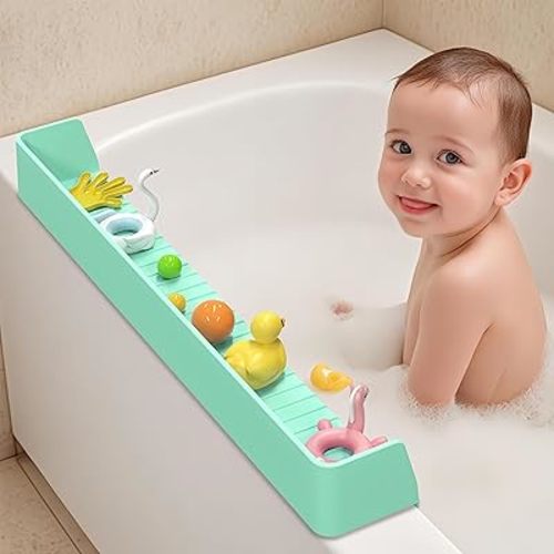 31 Inch Longer Kids Bathtub Water Splash Guard, Flexible Silicone Bath Toy Tray Holder with Strong Suction Cups, No Leak, Bathroom Essentials Ledge Shelf for Toddlers Baby Kids(Green)