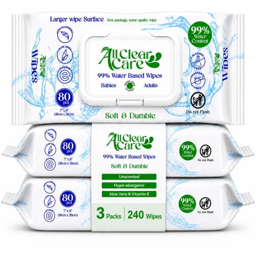 All Clear Care Unscented Baby Wipes, 99% Water, Sensitive, XL, 3 Pack, 240ct