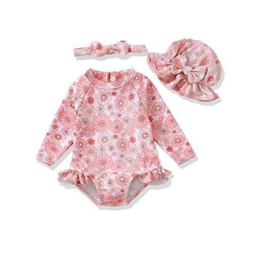 SODLON Baby Girl Swimsuit Long Sleeve One-Piece Infant Bathing Suit 3M-3T | Girls Swim Suit with Hat & Zipper & Headband, Rash Guard Ruffle Swimwear, Toddler UPF 50+ Swimsuits, Baby Beach Essentials