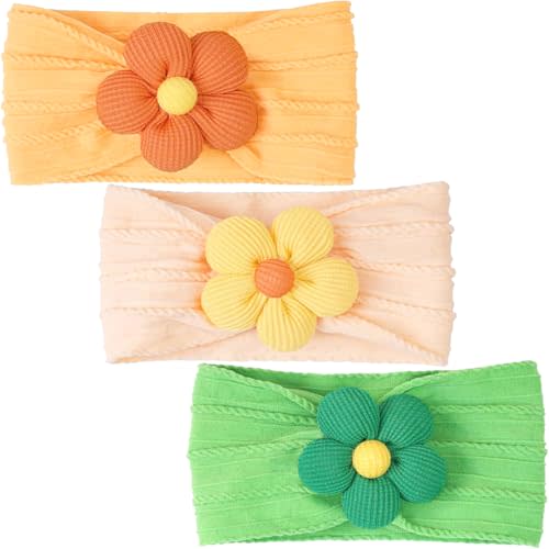 CÉLLOT Baby Flower Headbands Baby Girls Nylon Headbands Baby Essentials Stretchy Hairbands Handmade Hair Accessories for Newborn Infant Toddlers Kids (Salmon+Yellow+Green)