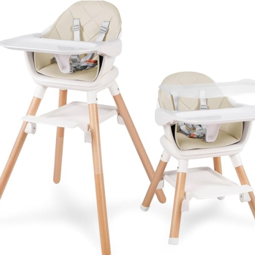 6 in 1 Baby High Chair, Convertible Wooden High Chairs/Booster Seat for Babies and Toddlers, Baby Feeding Chair with 5-Point Harness/Double Removable Tray & Adjustable Footrest (Beige)