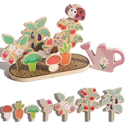 WOODENFUN Wooden Pretend Play Toy for Kids,Vegetable Plants Garden Playset