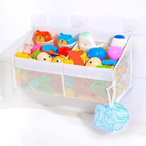 KPH Corner Bath Toy Organizer - Space-Saving 2-Compartment Bath Toy Storage, Mesh Bathroom Toy Holder for Kids, Durable Bathtub Organizer with Drain Holes