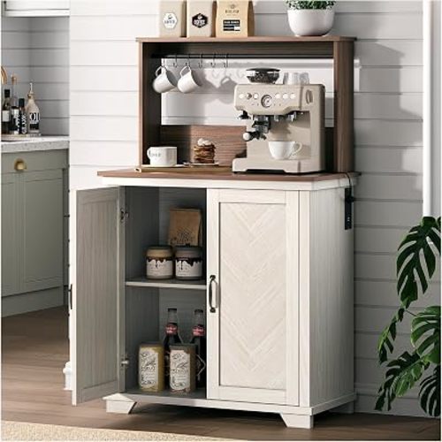 JOINICE Farmhouse Coffee Bar Cabinet with Storage and Charging, White
