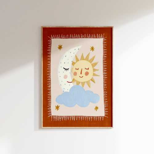 Celestial Nursery Print, Moon Sun Cloud Folk Art, Whimsical Kids Room Decor, Digital Download