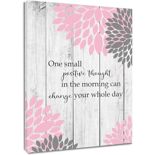 HVEST Pink and Grey Floral Wall Art Dahlia Flower and Inspirational Quotes on Rustic Grey Wood Canvas Wall Art Country Nature Plant Wall Art for Bathroom Bedroom Living Room Decor,16L X 12W inches