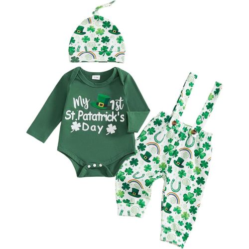 Baby Boy Irish Clothes Newborn First St Patricks Day Outfit 1st Letter Romper+Clover Overalls Pants+Hats 3Pcs