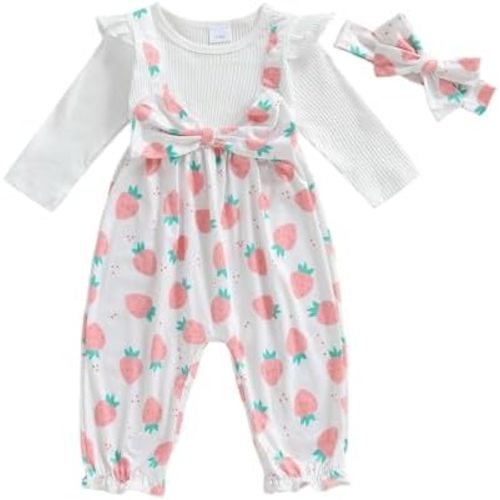 Lefyira Strawberry Romper Baby Girl Fall Clothes Ribbed Jumpsuit Floral Long Sleeve Newborn Strawberry Outfit Winter Romper