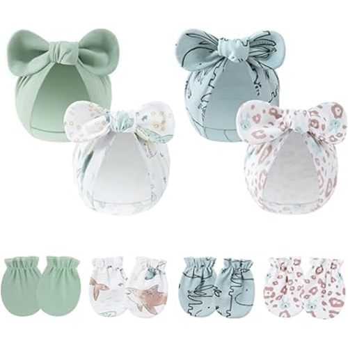 LIDHAY 4PCS Newborn Baby Hospital Hats Beanie Bow Infant Caps Cotton Preemie Hats No Scratch Mittens Set for 0-1 Years Old