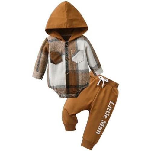 Newborn Infant Baby Boy Clothes Little Man Long Sleeve Button Down Plaid Hoodie Romper Pants Fall Winter Outfits