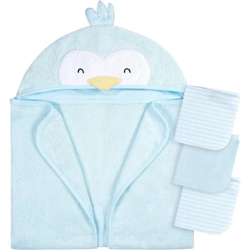 Gerber Baby 4 Piece Animal Character Hooded Towel and Washcloth Set, Blue Penguin, One Size