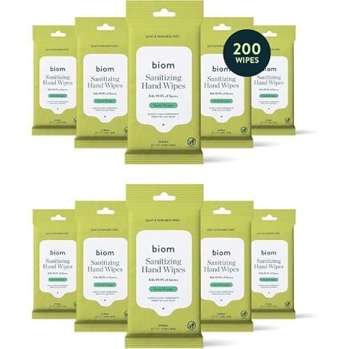 Biom Hand Cleaning Wipes, Travel Size 10-Pack, 200 Wipes, 65% Ethanol, Plant-Based Plastic-Free Fibers, Hypoallergenic, Santal Escape