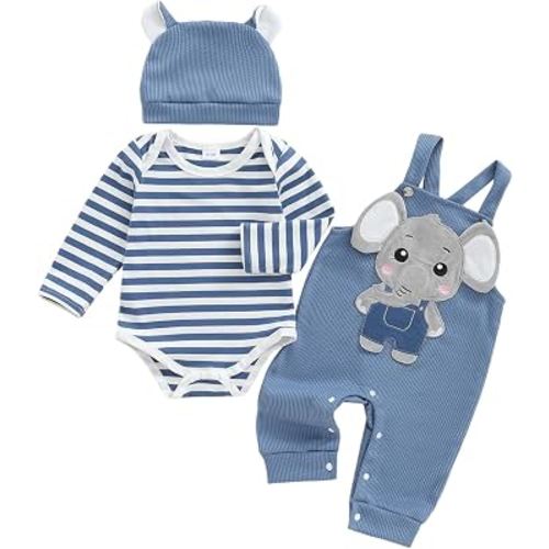 Baby Boy Clothes Set Bodysuit Top Suspender Pants Hat Newborn 3Pcs Outfit