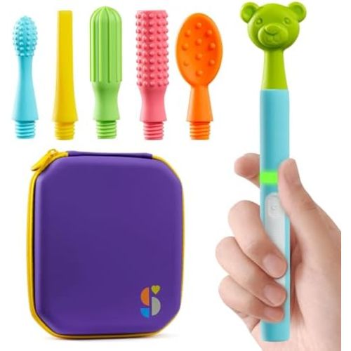 Special Supplies Buzz Buddy Oral Motor Stimulation kit with 6 Soft Textured Interchangeable Heads, Calm Sensory Needs, Support Speech, and Stimulate Self Feeding, Gentle Vibrations (Light Blue)