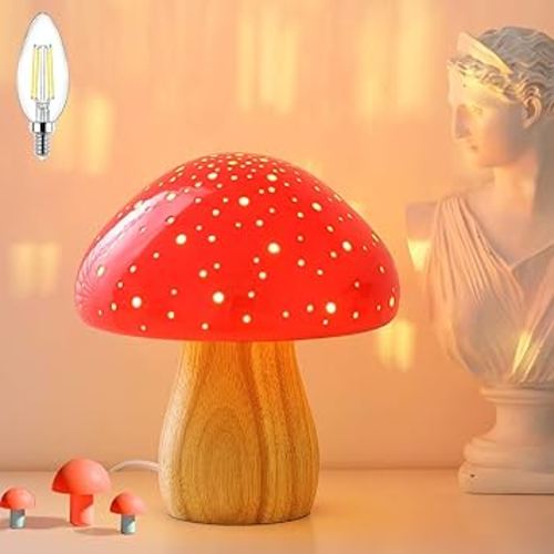 BOHON Mushroom Lamp, Ceramic Bedside Table Lamp for Bedroom Nightstand, Retro Vintage Red Night Light, Small Lamp for Living Room Desk Home Decor Aesthetic, LED Bulb Included, Red