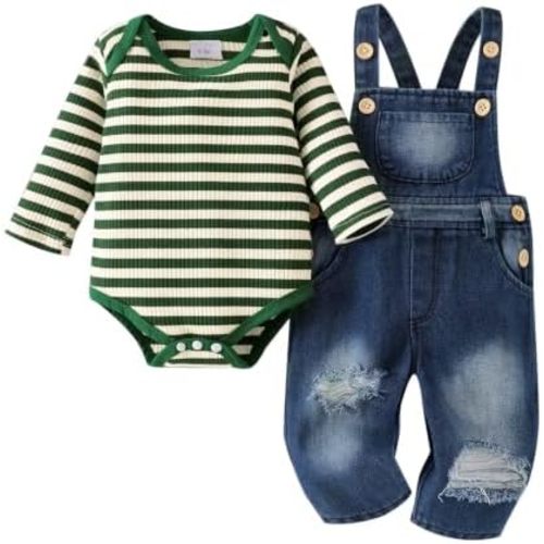 Baby Boy Clothes Newborn Suspender Overalls Ripped Jeans Long Sleeve Striped Romper Fall Winter Outfits 0-18 Months
