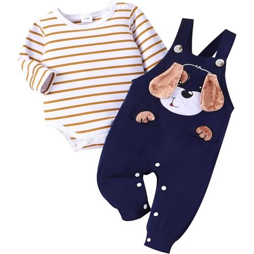 Baby Boy Clothes Newborn Outfits Fall Winter Striped Romper Infant Cartoon Overall Adjustable Suspender Pants Set