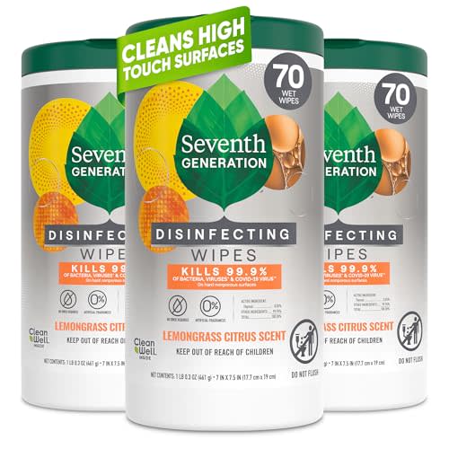 Seventh Generation Disinfecting Wipes, Lemongrass Citrus, 70 Ct, 3-Pack | Disinfecting multi-surface wipes in Lemongrass Citrus scent; 70 wipes per canister, 3-pack for convenient cleaning.