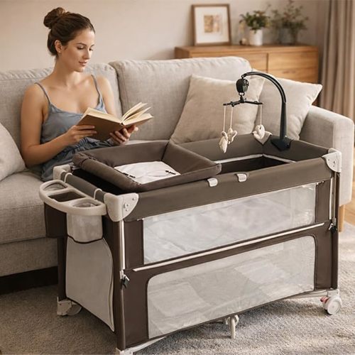 5-in-1 Pack and Play, Foldable Baby Bassinet Bedside Sleeper,One-Push Bedside Crib with Playard, Includes Mattress, Changing Table, Mosquito Net, Music Toy & Storage for Newborn to Toddler(Chocolate)