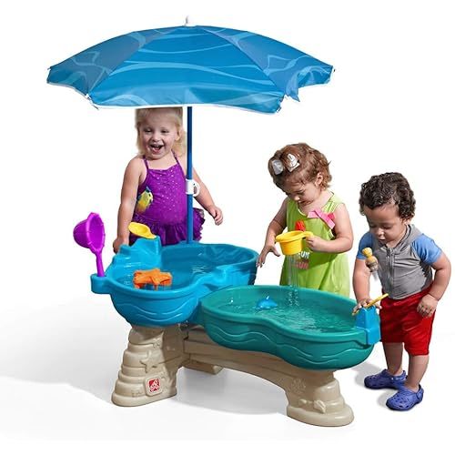 Step2 Spill & Splash Seaway Water Table, Kids Two-Tier Water and Sand Activity Sensory Playset, Comes with Umbrella, Summer Outdoor Toys, 11 Piece Toy Accessories, For Toddles 1.5+ Years Old
