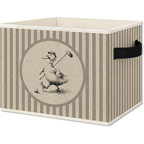Vintage Golf Duck Storage Bins Box with Handles, Sports Kids Decor for Boys, Neutral Striped Golf Collapsible Organizer Basket for Nursery Room Bedroom Playroom Toys Books