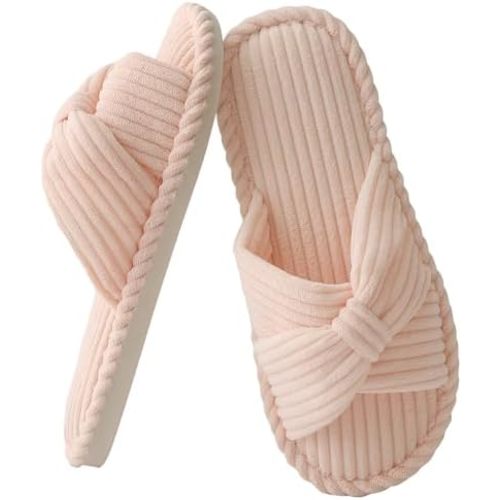 Cross Band Slippers For Women Indoor Corduroy Bow Open Toe Slippers Memory Foam Outdoor Shoes