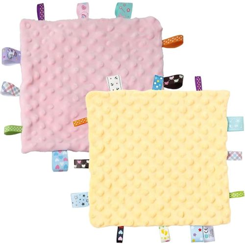 CREVENT Security Blanket for Babies, Soft Baby Lovey Comforter, Sensory Plush Blanket for Baby Girls, Calming Sleep Companion, 10" x 10" 2pcs