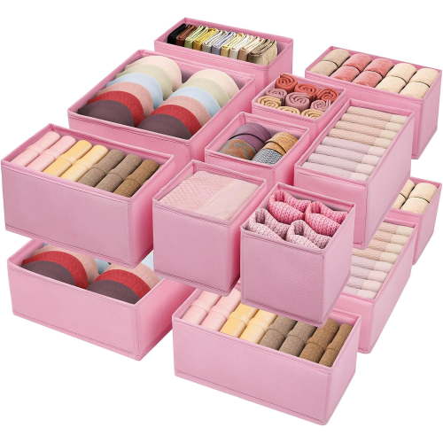 Drawer Clothing Organizer 16-Pack, Pink 3 Sizes Underwear Drawer Dividers, Fabric Folding Wardrobe Organizer for Baby Clothes, Bras, Underwear, Underpants, Belts, Socks, Ties, etc.