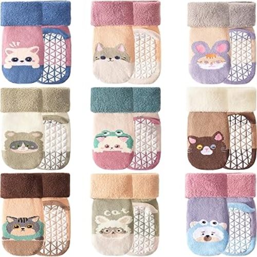 ANTSANG Baby Toddler Socks With Grippers Girls Boys Thick Cotton Ankle Crew Non-Slip Socks