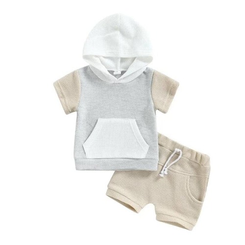 Short Sleeve Waffle Hooded 2-Piece Outfit Set
