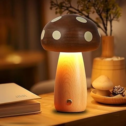 Wooden Mushroom Lamp - Rechargeable Touch Mushroom Night Light, Aesthetic Bedside Light Nature Decor Creative Gifts (Ebony + Beech)