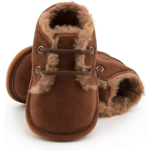 Baby Unisex Warm Snow Boots Newborn Leather Fur Lace Up Ankle Anti-Slip Rubber Texture Sole Toddler Prewalker Winter Crib Shoes