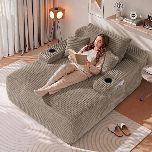 65" Boneless Chaise Lounge, Oversized Corduroy Sleeper Bed with Cup Holders & Side Pockets – No Assembly, for Living Room, Bedroom, Reading Nook, Lounge, Coffee