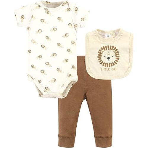 Hudson Baby Unisex Baby Cotton Bodysuit, Pant and Bib Set, Brave Lion, 3-6 Months