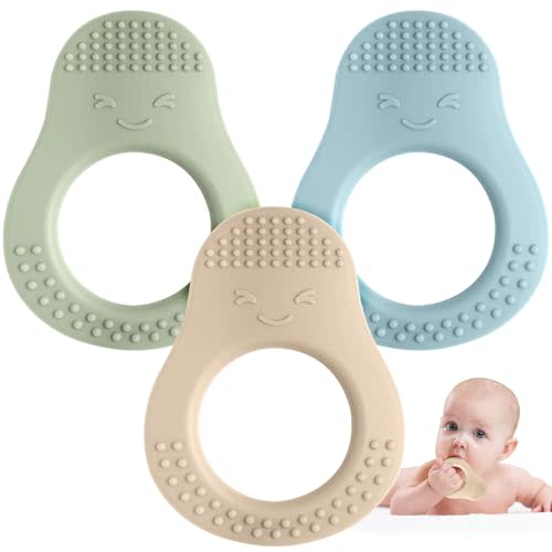 Eascrozn Baby Teething Toys - 3 Pack Teethers for 3-6 & 6-12 Months, Avocado Shape Silicone Teether with Easy to Hold, BPA Free