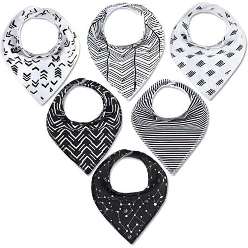 Baby Essentials Boys 6 Pack of Adjustable, Waterproof, Neck Snap Closure Bandana Shaped Baby Feeding Drool Bibs in Black and White Geometric Patterns